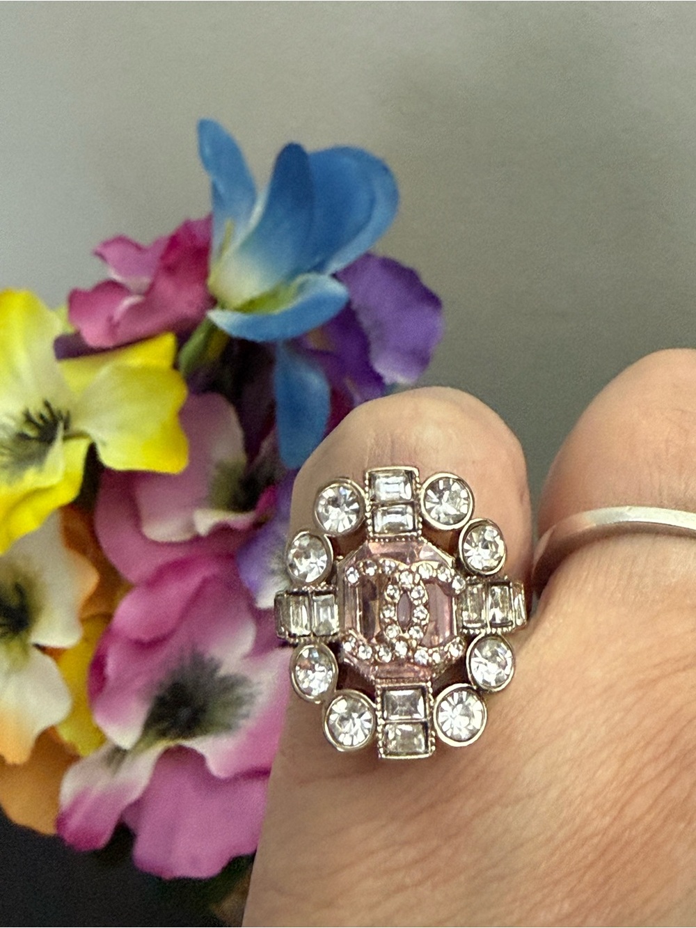 Cc Silver  Pink & Clear  Crystal Ring Adjustable